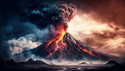 Volcanic Eruption With Lava Flow And Ash Cloud