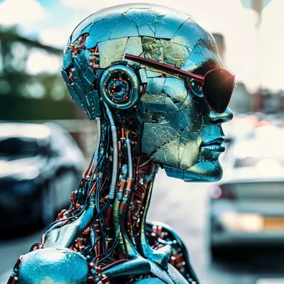 Cyborg Robot Wearing Sunglasses In Urban Setting