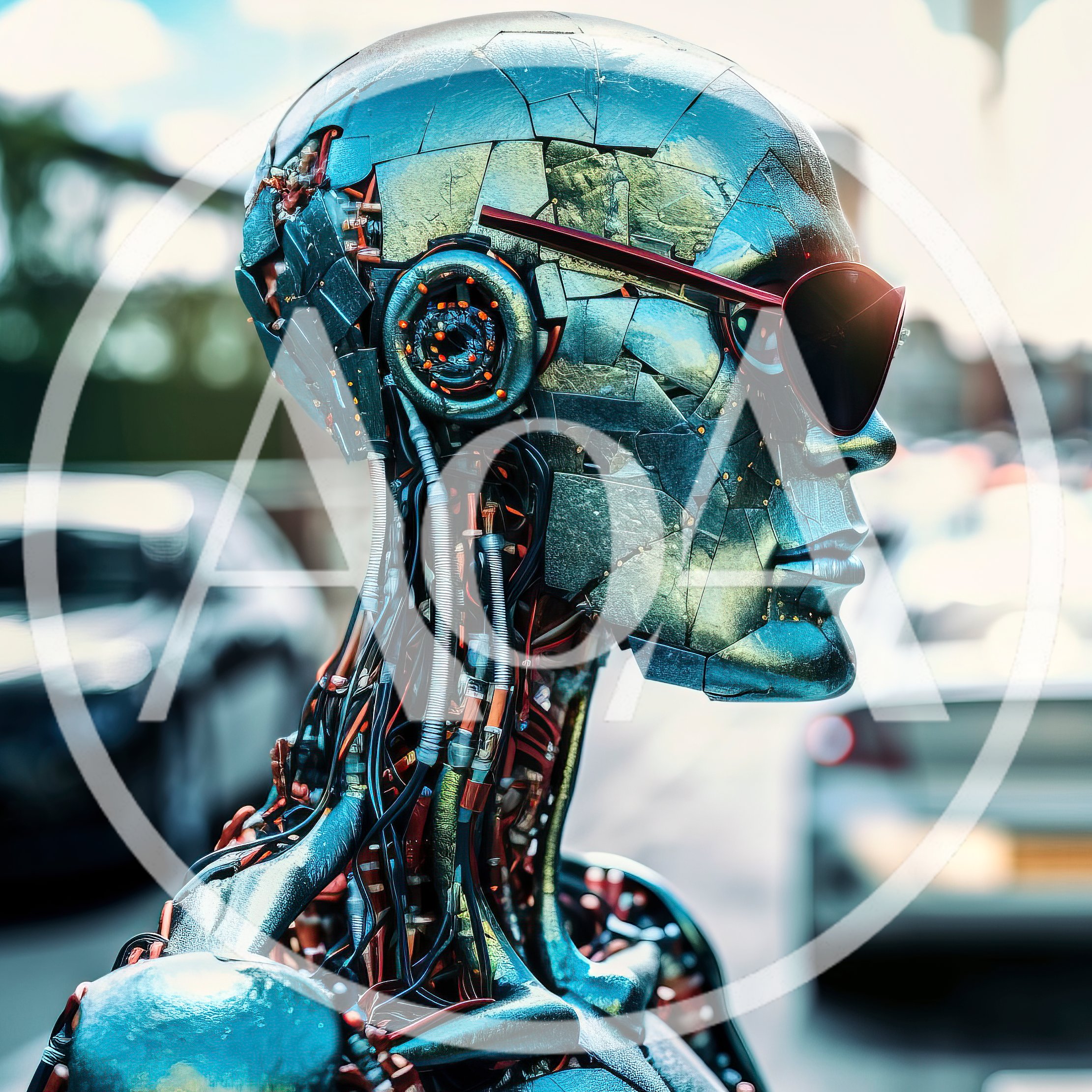 Cyborg Robot Wearing Sunglasses In Urban Setting