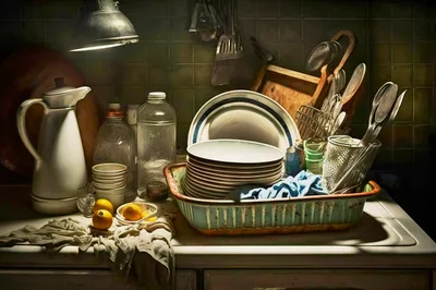 Stack Of Dirty Dishes In A Kitchen Sink