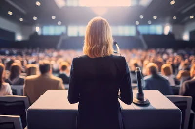 Businesswoman Giving A Presentation To A Large Audience