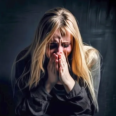Distressed Young Woman Crying With Hands Over Face