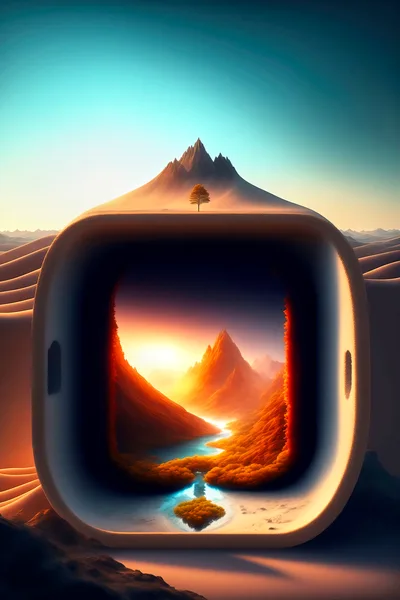 Surreal Landscape Featuring A Portal To A Mountain Valley