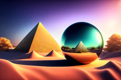 Surreal Golden Pyramid And Reflective Sphere In Desert