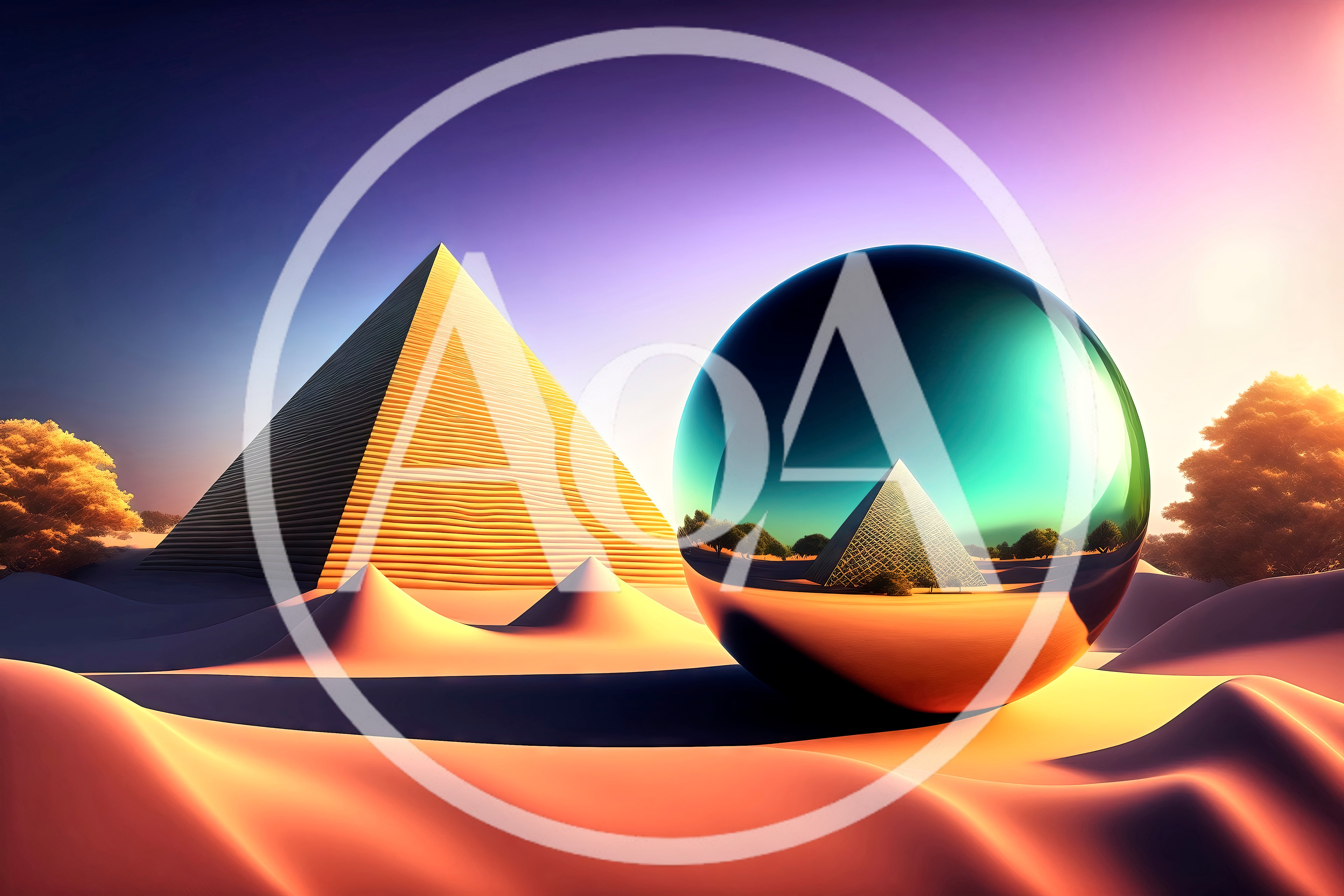 Surreal Golden Pyramid And Reflective Sphere In Desert