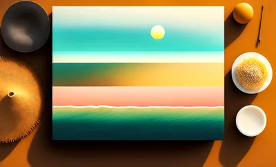Abstract Beach Landscape Painting With Decorative Tableware