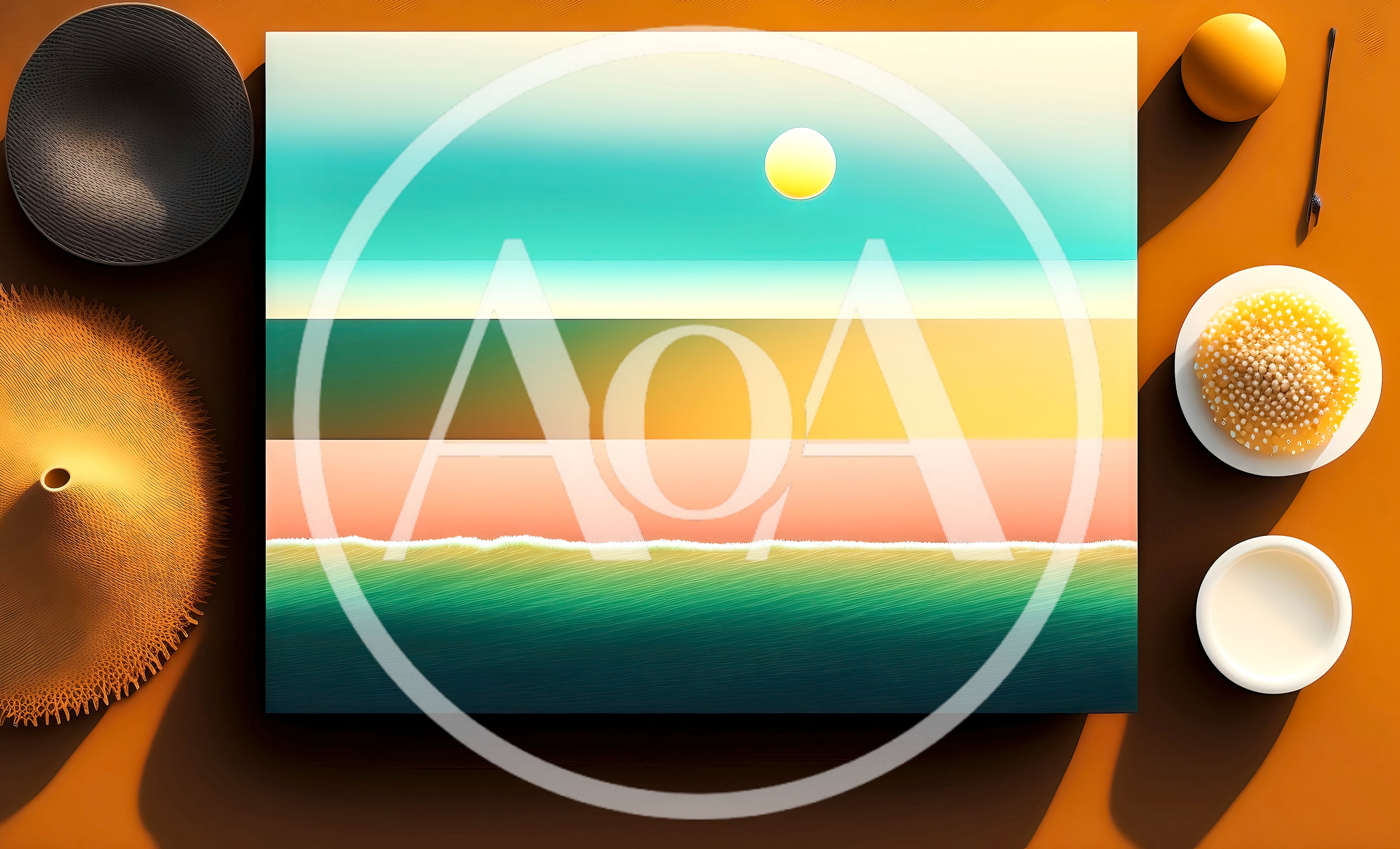 Abstract Beach Landscape Painting With Decorative Tableware