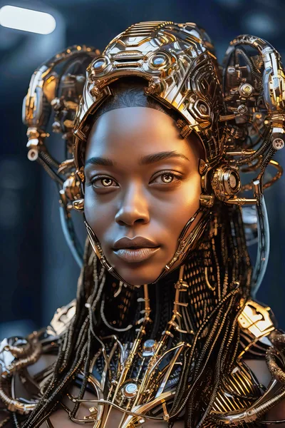 Portrait Of A Futuristic Cyborg Woman With Golden Armor