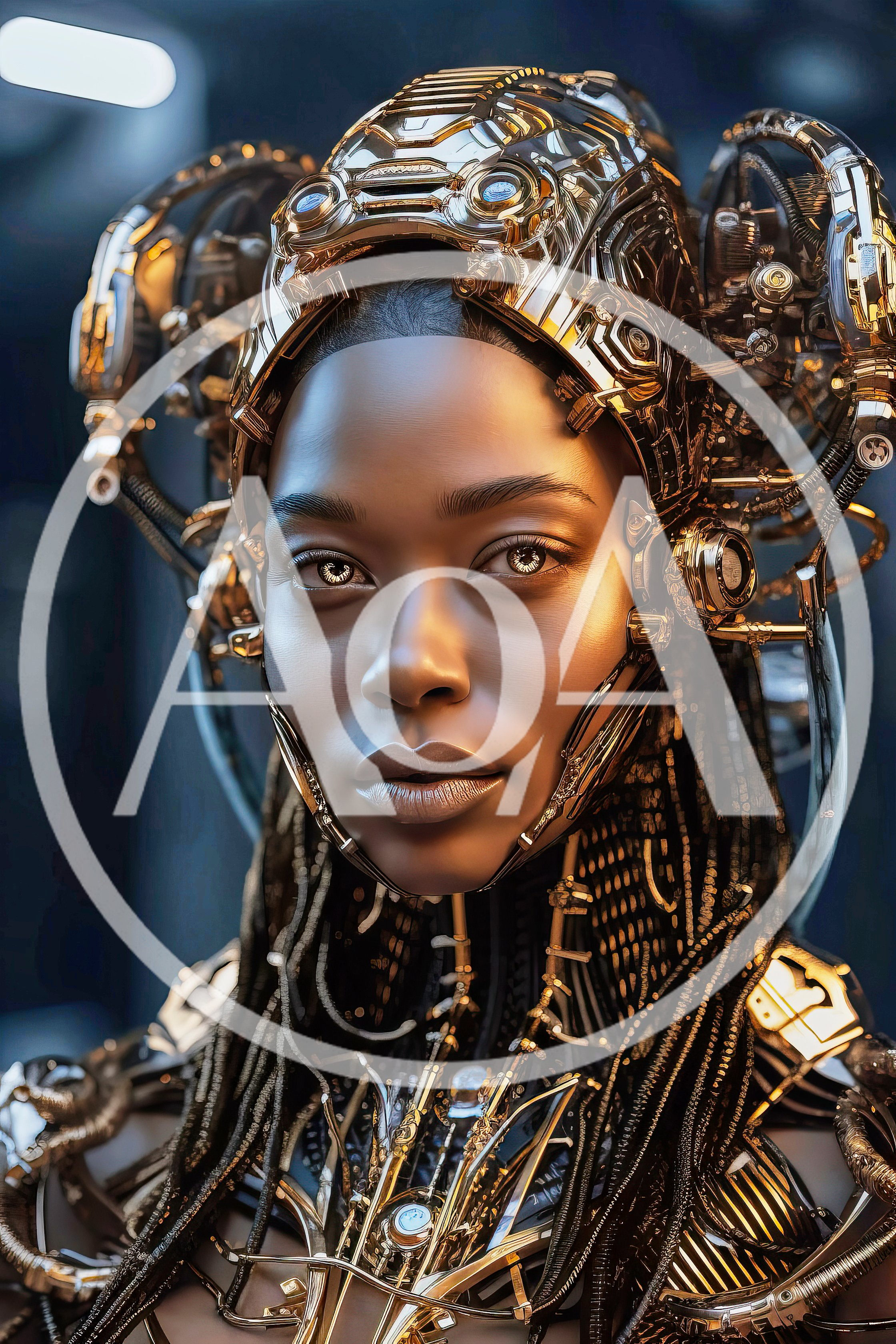 Portrait Of A Futuristic Cyborg Woman With Golden Armor