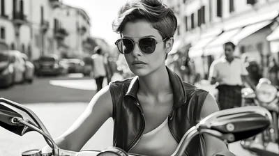 Stylish Woman Riding A Motorcycle In City Street