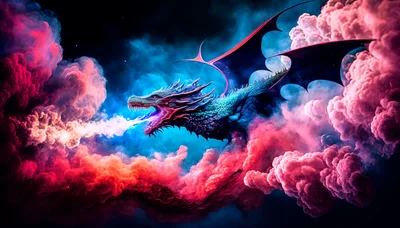 Majestic Dragon Breathing Fire Amidst Vibrant Nebula Clouds