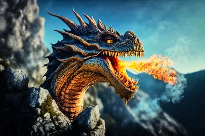 Majestic Dragon Breathing Fire On A Rocky Mountain Peak