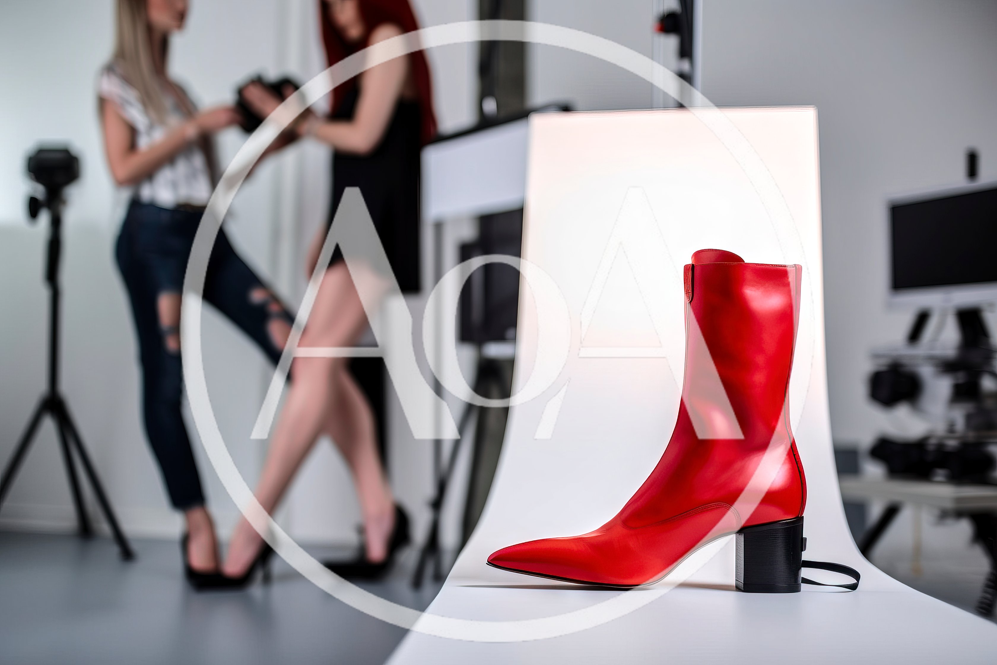 Red Leather Boot On Studio Product Photography Set