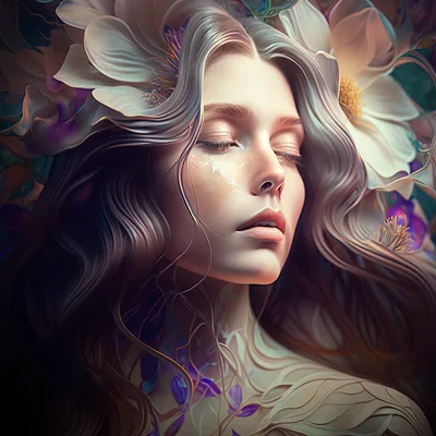 Ethereal Woman With Floral Hair And Glowing Skin