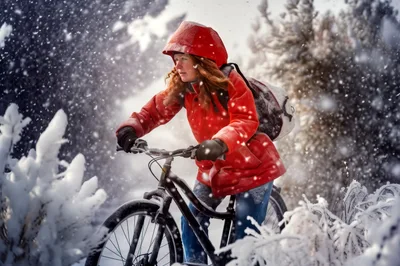 Woman Cycling Through A Snowy Winter Forest