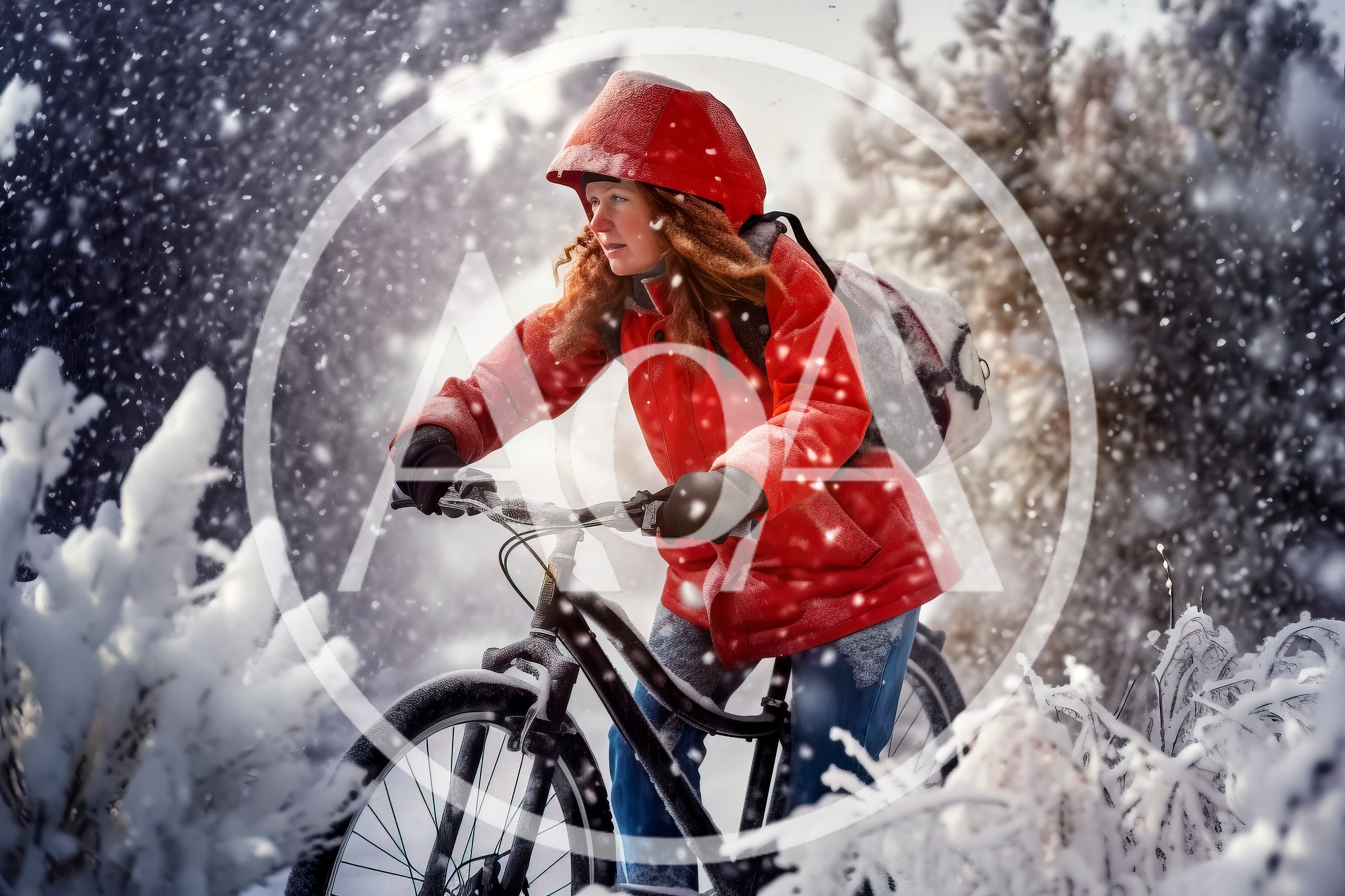 Woman Cycling Through A Snowy Winter Forest