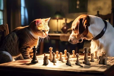 Cat and Dog Playing Chess in a Cozy Room