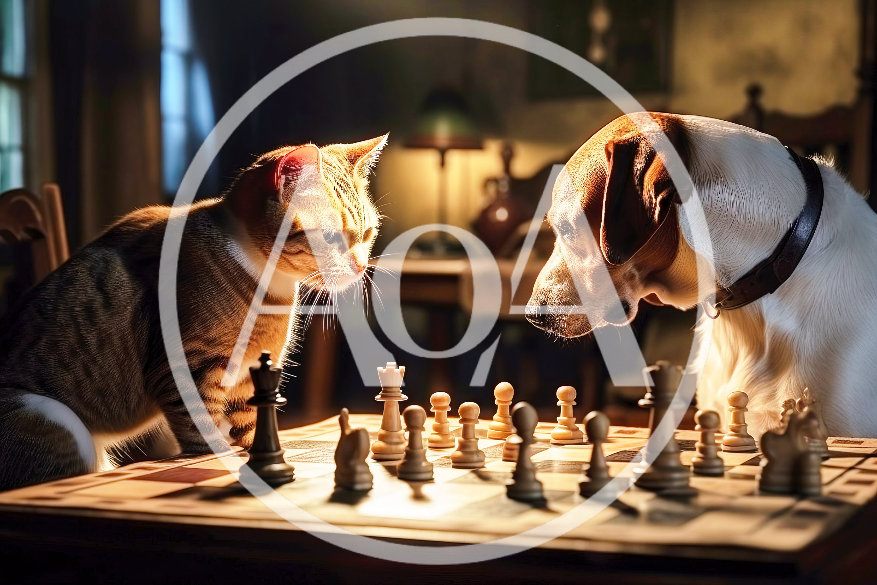 Cat and Dog Playing Chess in a Cozy Room
