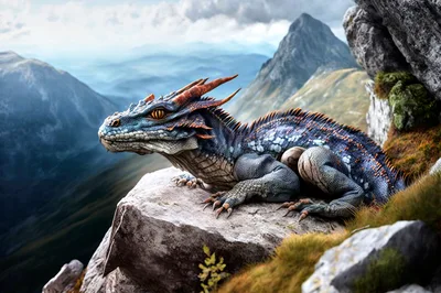 Fantasy Dragon Resting On A Mountain Peak