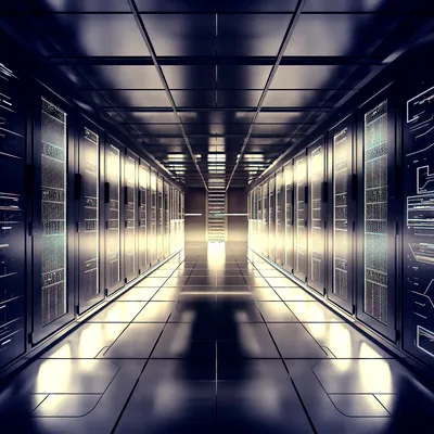 Futuristic Server Room Corridor With Glowing Data Racks