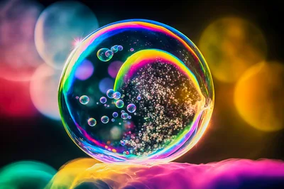 Iridescent Soap Bubble Floating Above Colorful Abstract Clouds