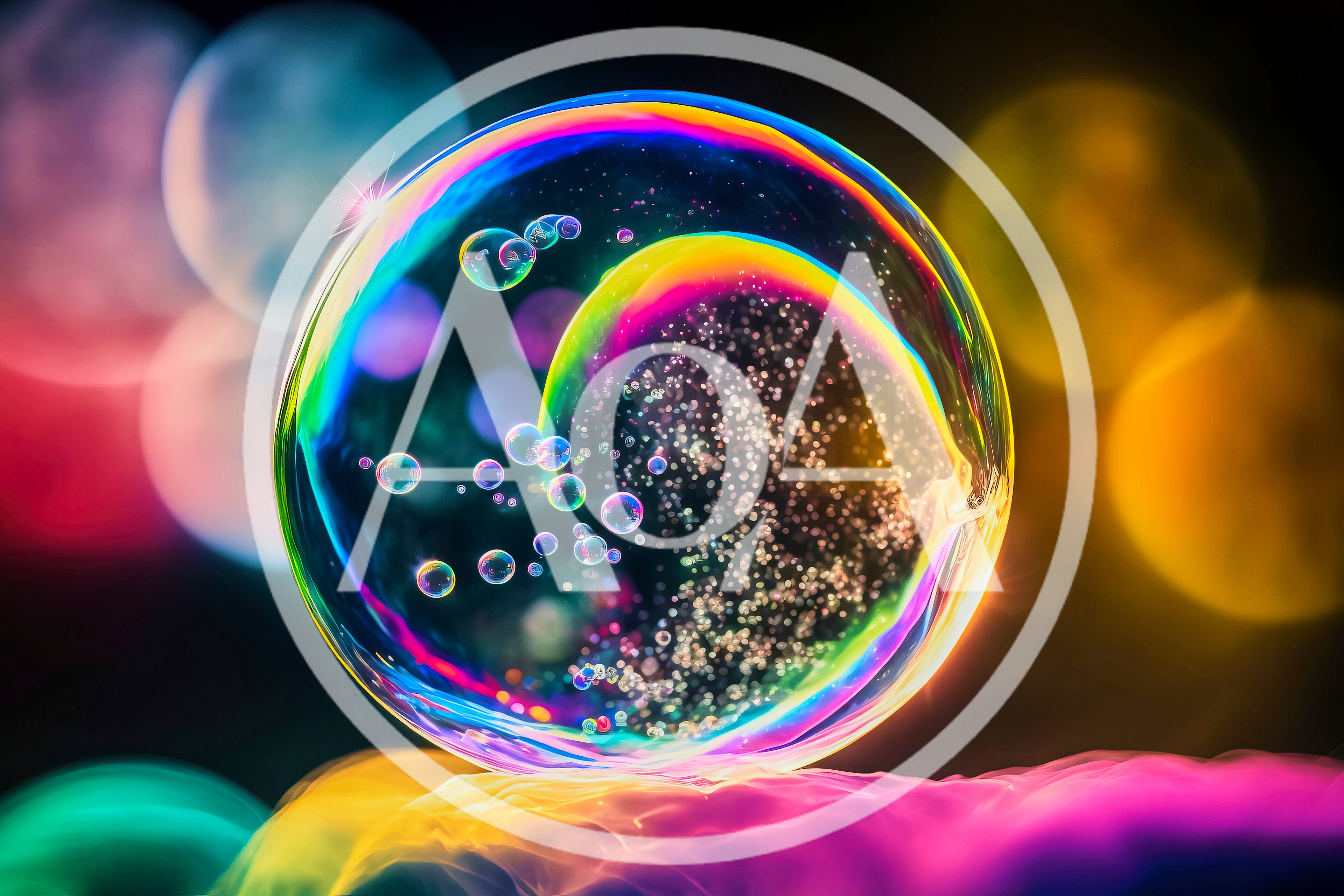 Iridescent Soap Bubble Floating Above Colorful Abstract Clouds