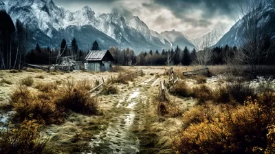 Rustic Cabin In A Snowy Mountain Valley