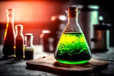 Glowing Green Potion In A Glass Flask