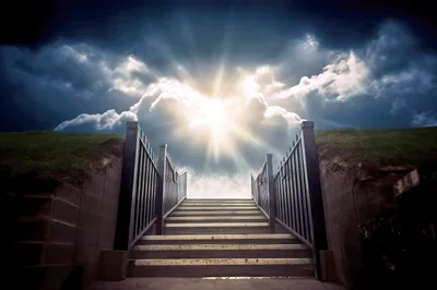 Stairway Leading Upward Toward A Bright Heavenly Light