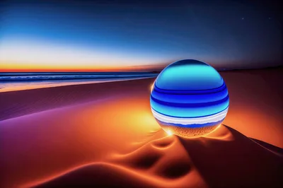 Glowing Blue Glass Sphere On Desert Sand At Sunset