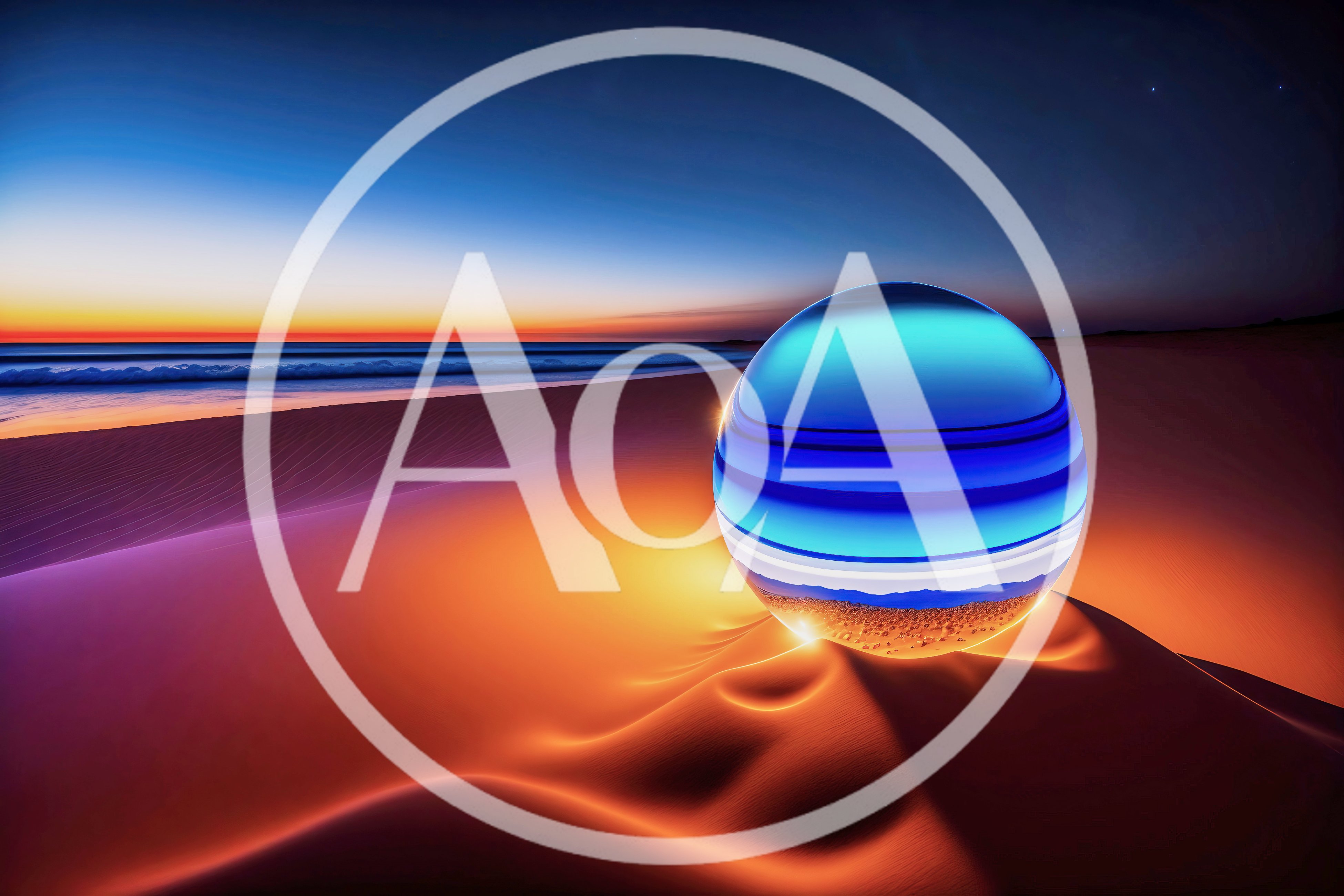 Glowing Blue Glass Sphere On Desert Sand At Sunset