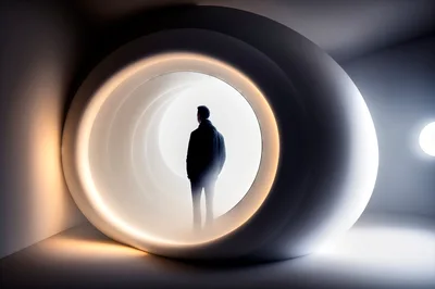 Man Standing Inside A Futuristic Glowing Circular Portal