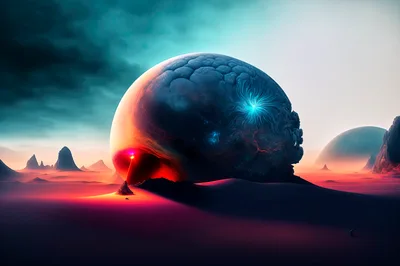 Surreal Alien Landscape With Giant Brain Shaped Structure