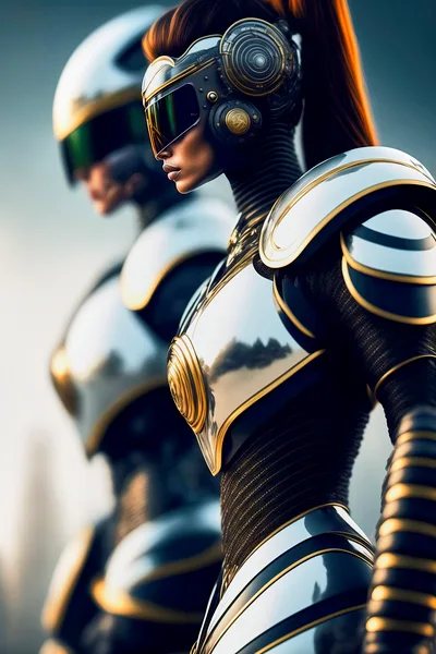 Futuristic Female Cyborg Soldiers In Polished Armor