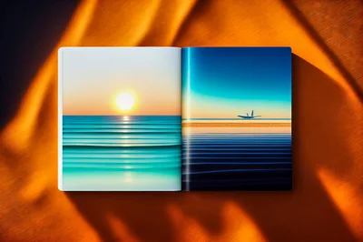 Open Book Displaying Surreal Ocean And Airplane Landscapes