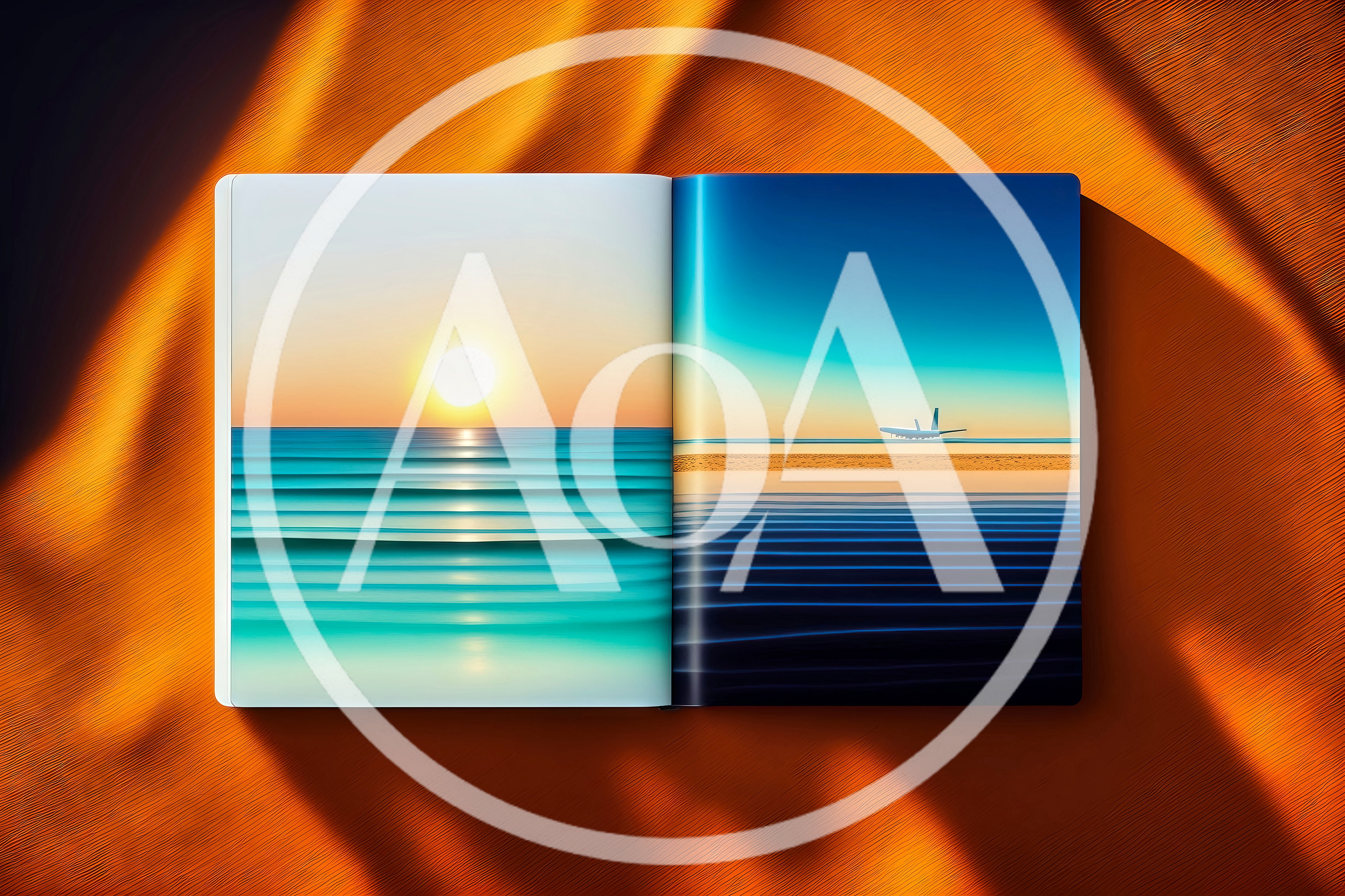 Open Book Displaying Surreal Ocean And Airplane Landscapes