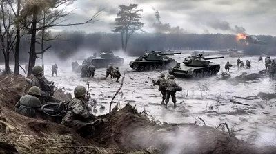 Soldiers Advancing With Tanks In A Battlefield