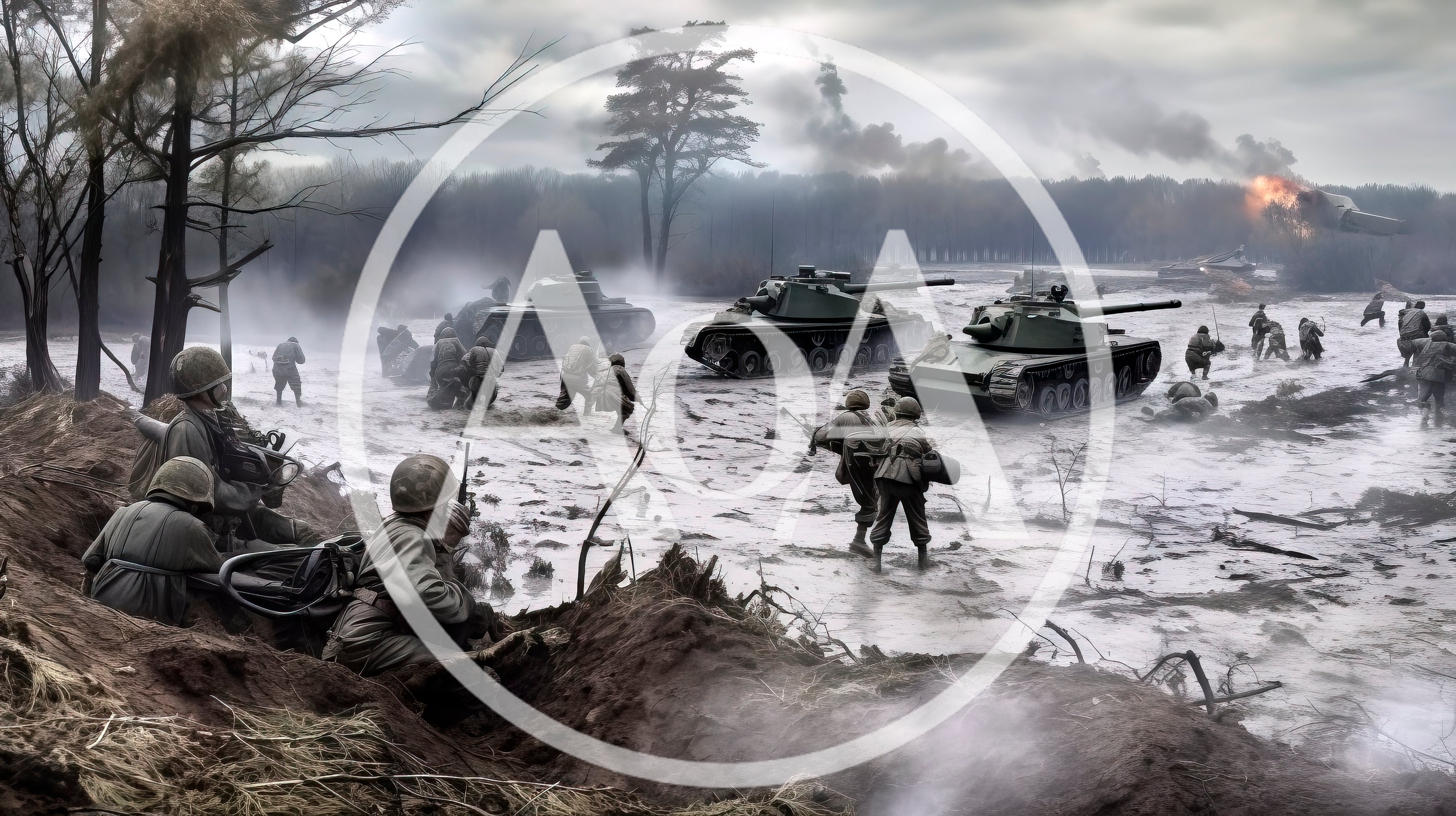 Soldiers Advancing With Tanks In A Battlefield