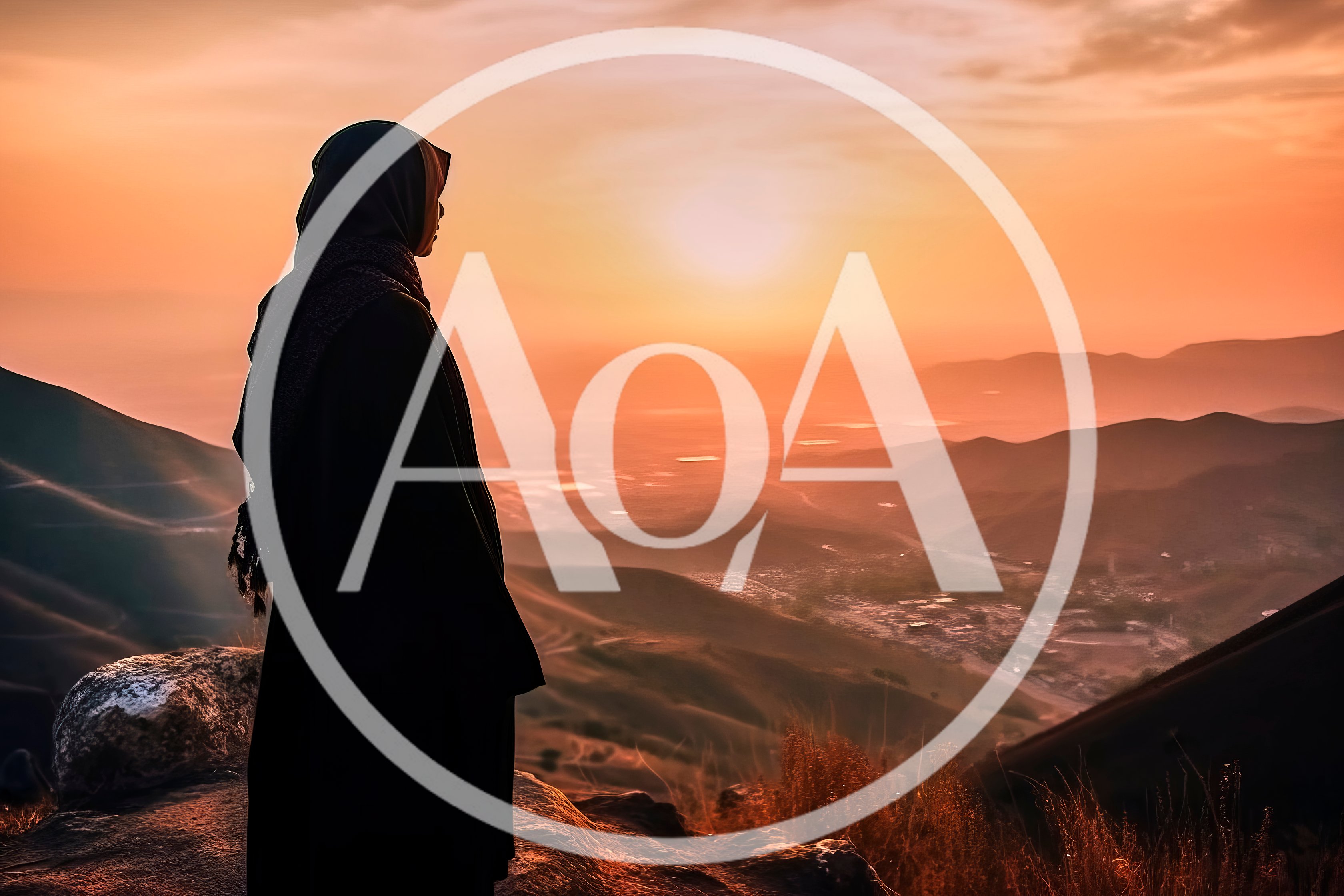 Woman in Hijab Standing on Mountain Overlooking Sunset