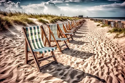 Empty Striped Beach Chairs On Sandy Dunes