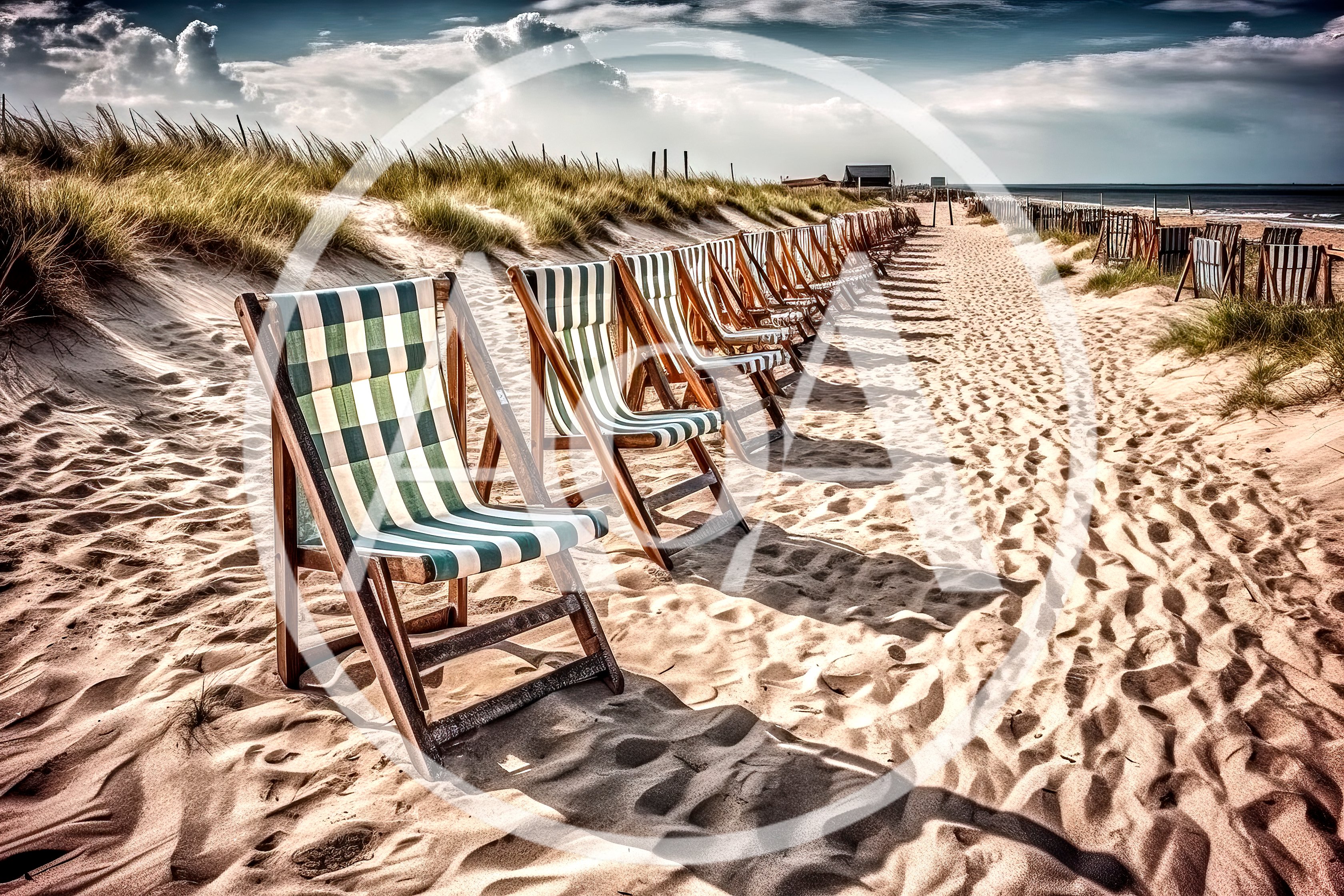 Empty Striped Beach Chairs On Sandy Dunes