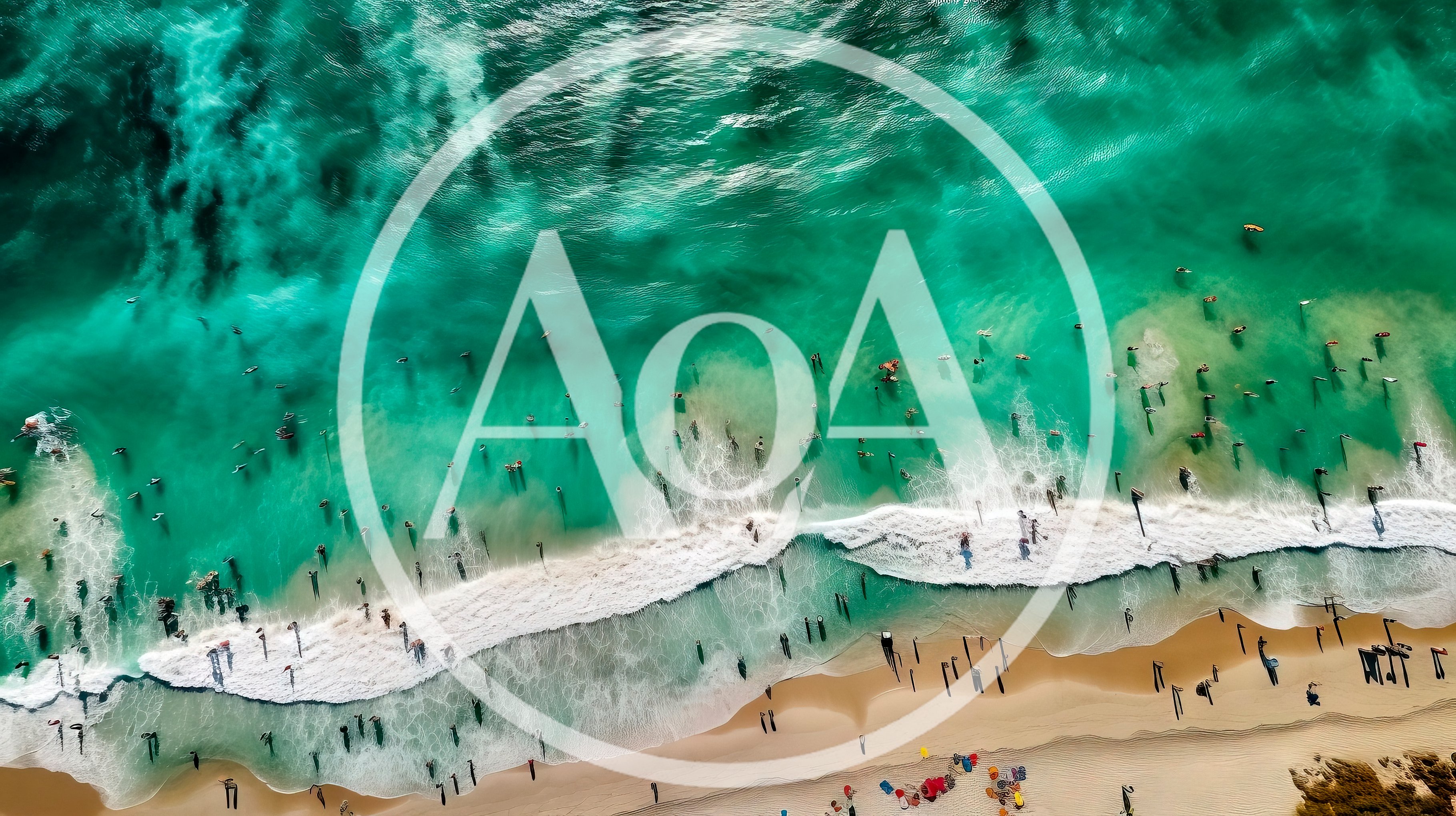 Aerial View Of Crowded Tropical Beach With Surfers