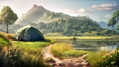 Camping Tent And Bicycle By A Mountain Lake