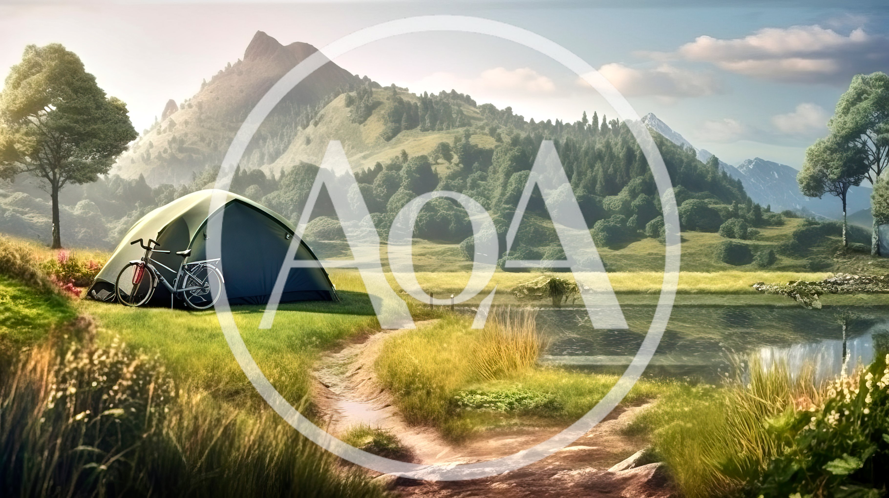 Camping Tent And Bicycle By A Mountain Lake