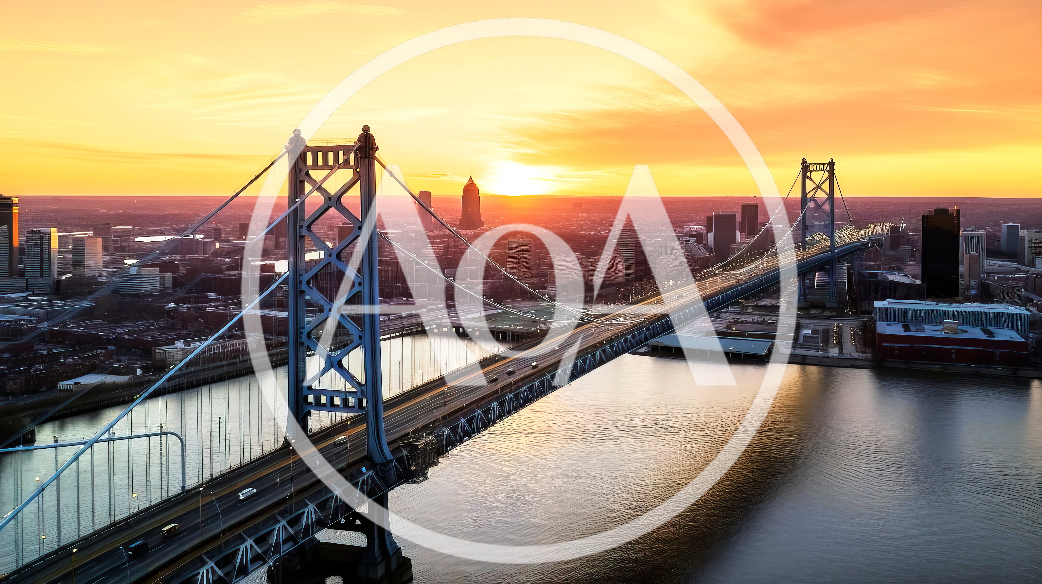Aerial View Of Benjamin Franklin Bridge At Sunset