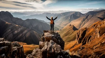 Hiker Standing With Arms Raised On Mountain Peak