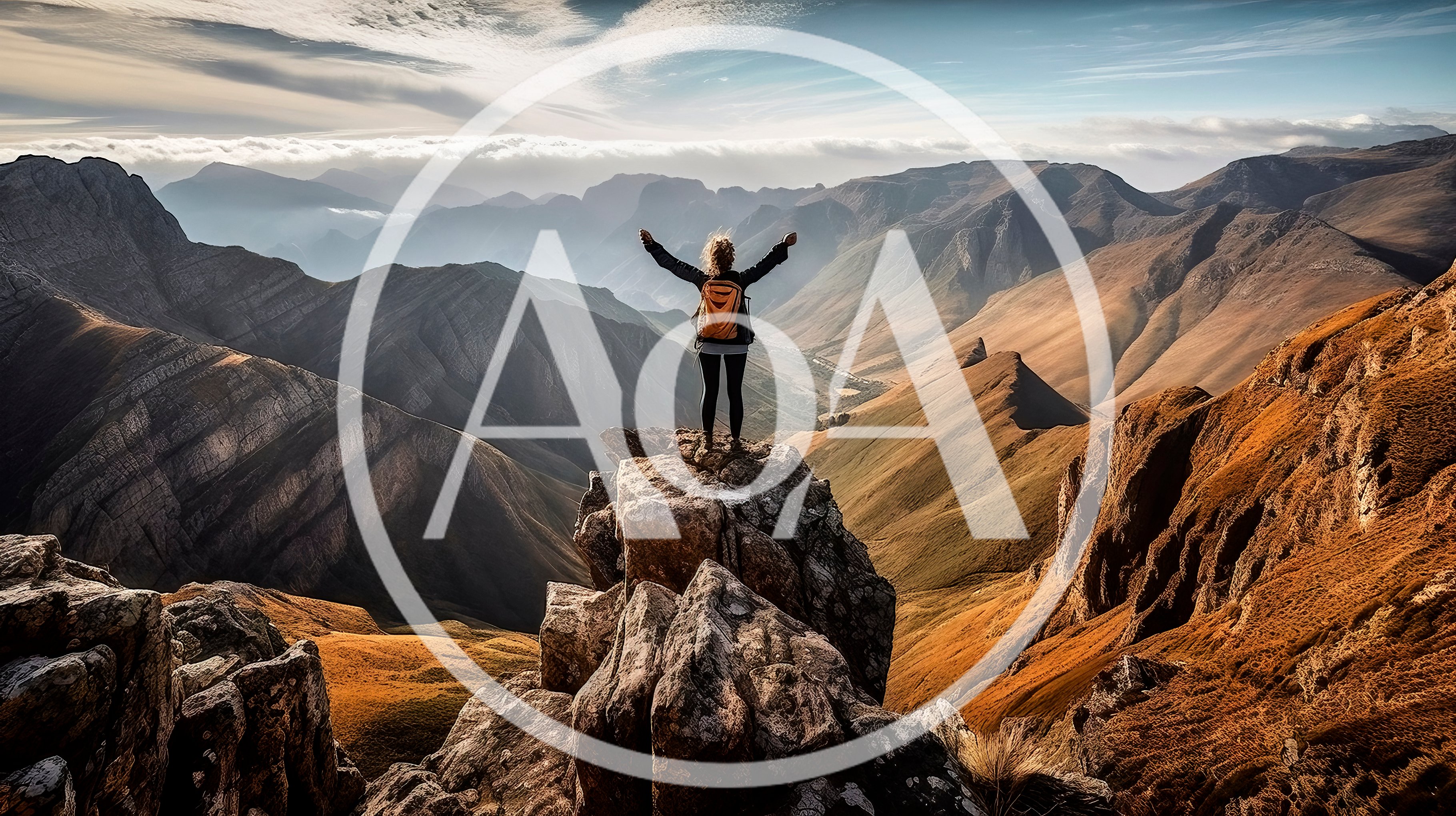 Hiker Standing With Arms Raised On Mountain Peak