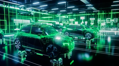 Digital Wireframe Car Models in Futuristic Factory