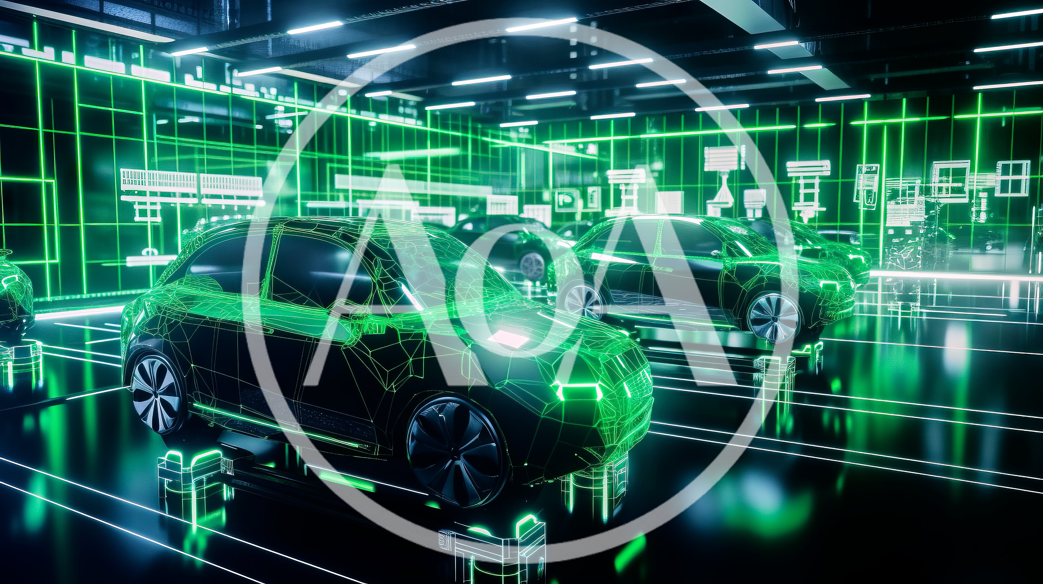 Digital Wireframe Car Models in Futuristic Factory