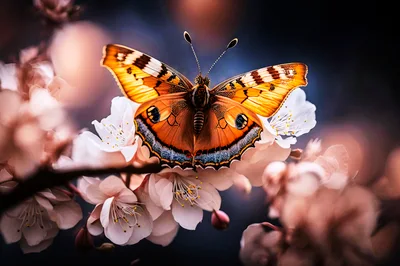 Orange Butterfly Resting On White Cherry Blossoms